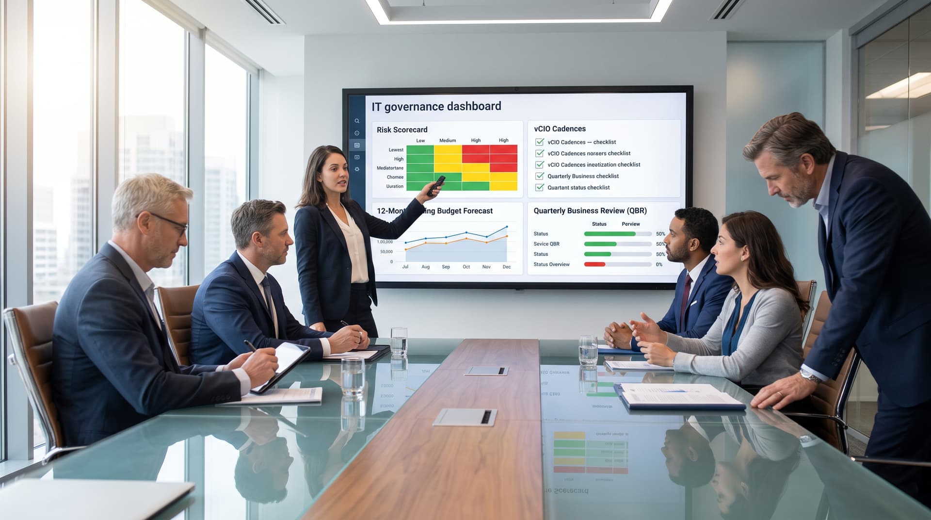 Executive team reviewing an IT governance digital risk scorecard in a boardroom meeting.
