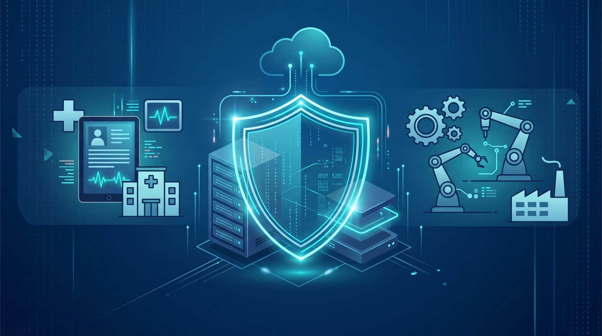 A digital shield protecting a modern server infrastructure, symbolizing business continuity and disaster recovery.