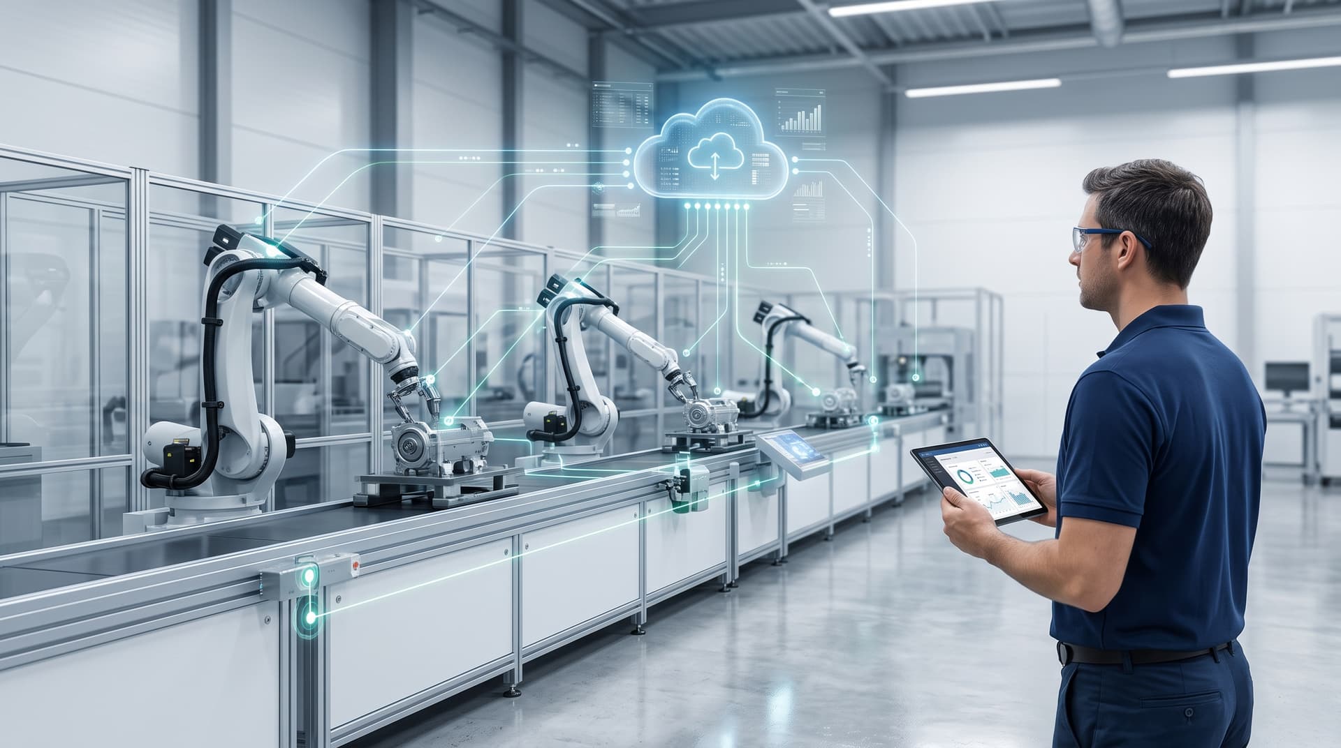 Modern manufacturing floor with digital lines illustrating secure OT and IT network connectivity.