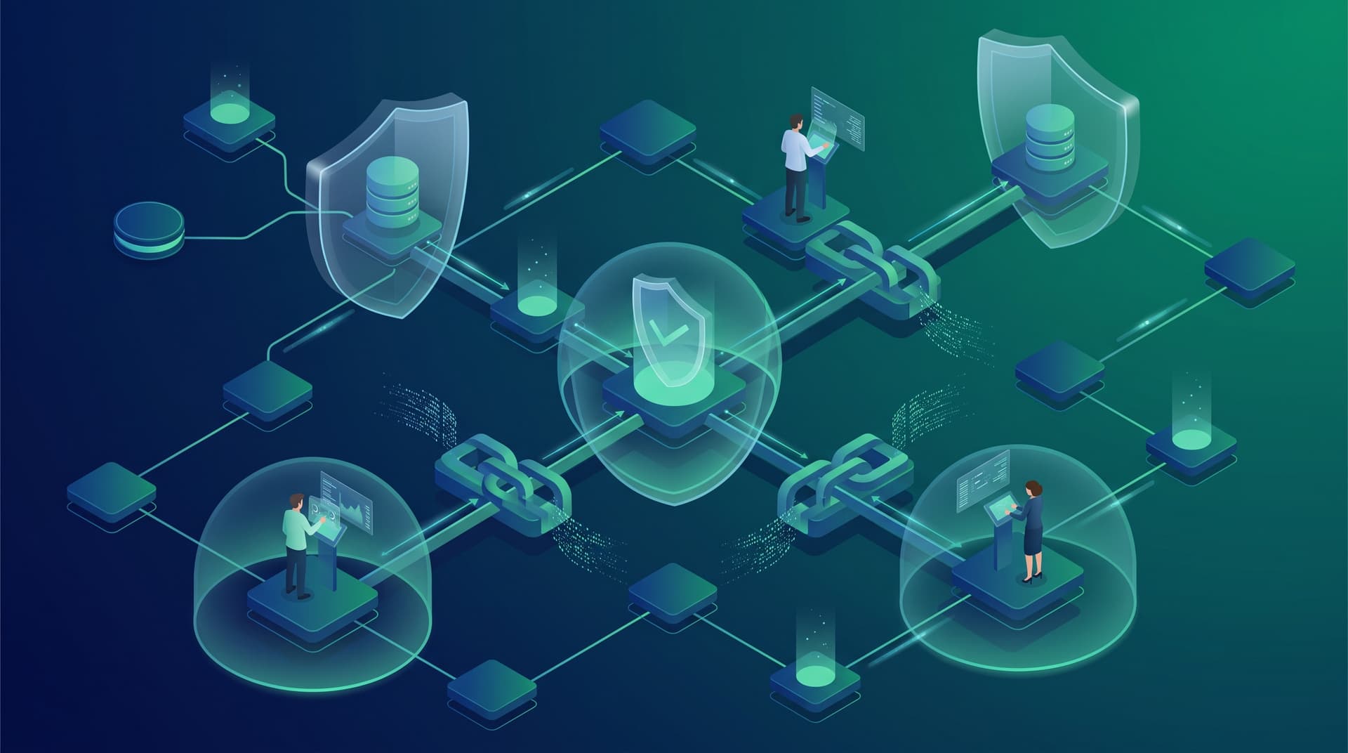 Isometric workflow diagram depicting governed AI data isolation, secure API connections, and human approval checkpoints.
