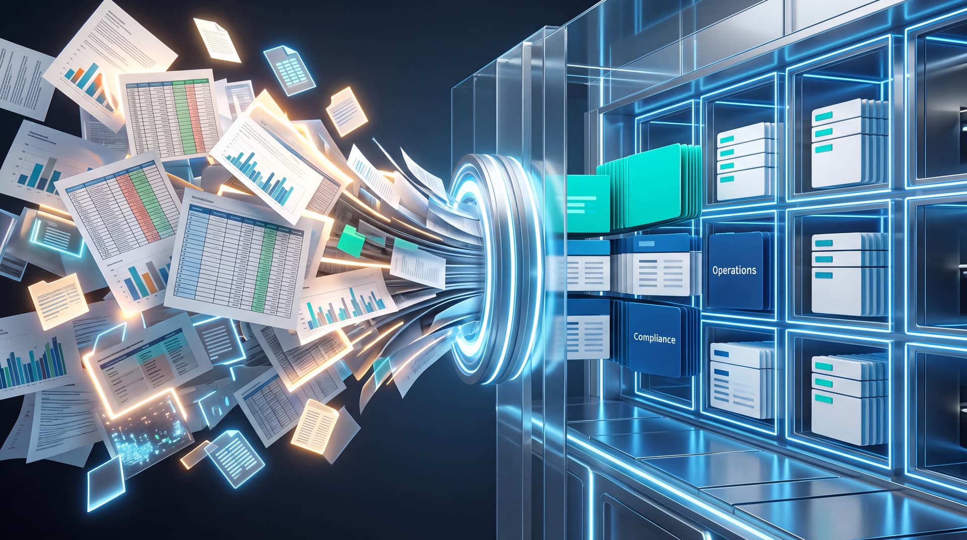 3D illustration of chaotic digital documents being filtered into neatly organized and secure data layers