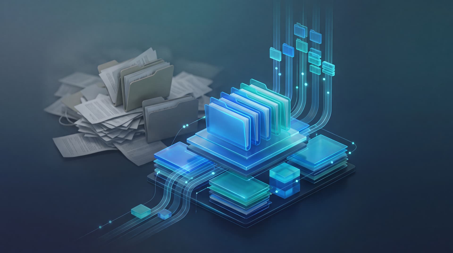 3D illustration showing messy data streams being organized into neat, secure digital layers.
