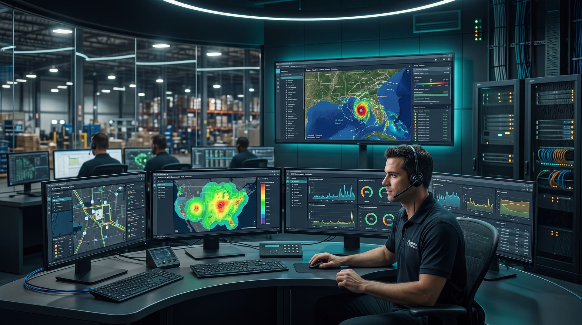 Modern logistics control center featuring real-time WMS telemetry monitors and weather tracking screens.