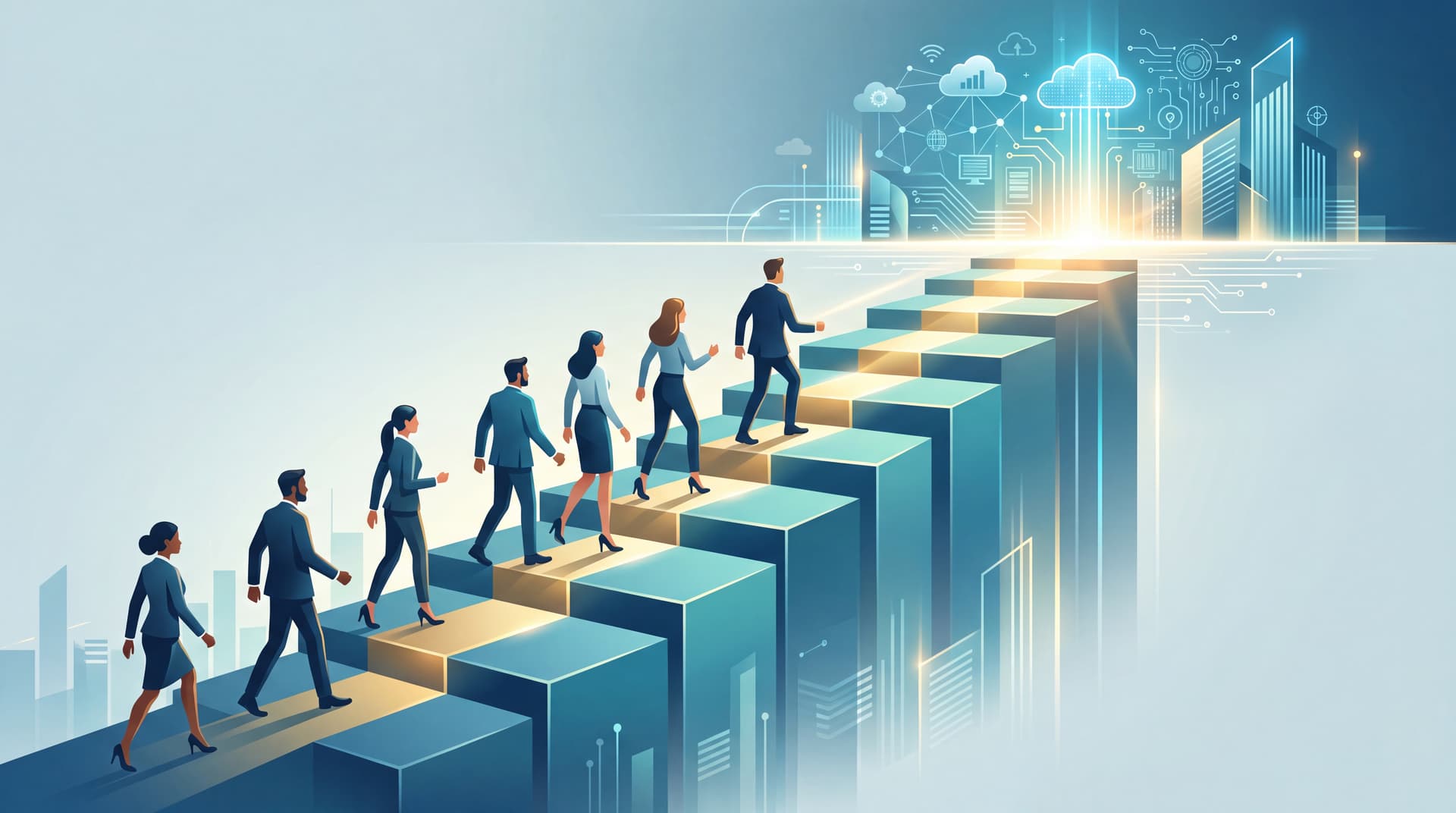 Illustration of a step-by-step staircase representing a phased digital transformation journey for businesses.