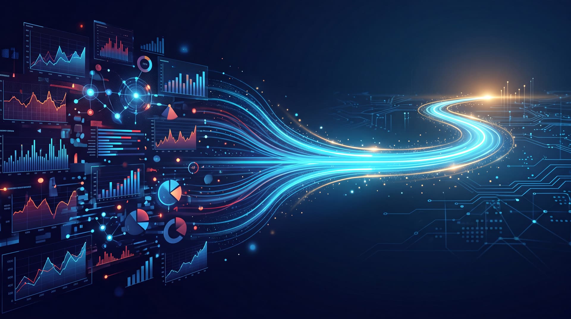 Abstract glowing charts and data transforming into a clear pathway representing executive insight