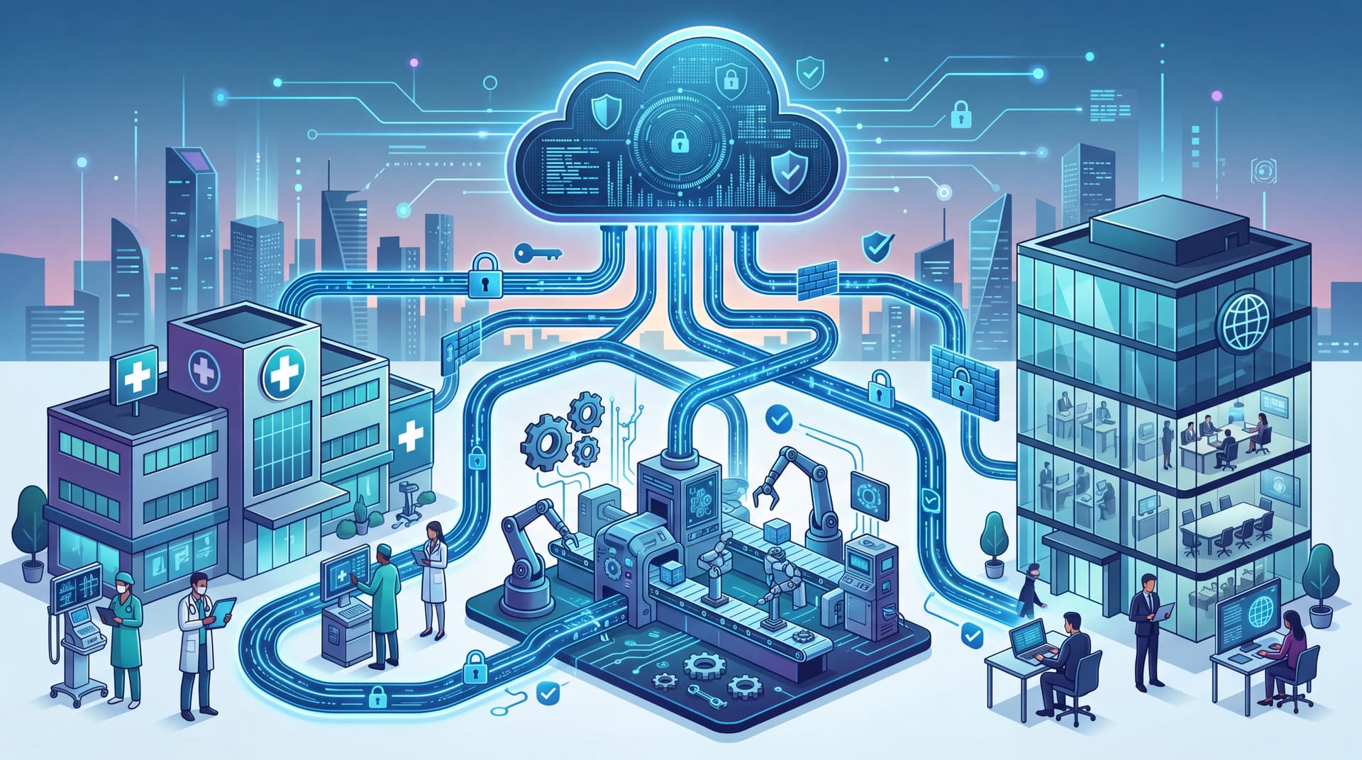 Abstract 3D illustration of a secure cloud computing network connecting different business sectors.