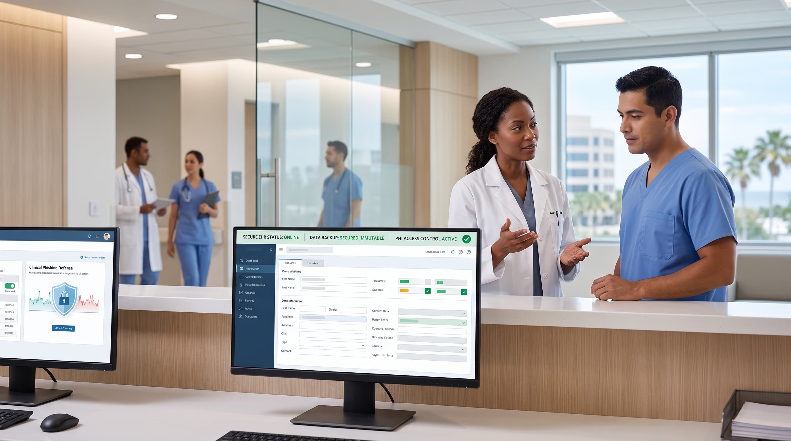 Modern medical clinic workstation displaying secure electronic health record software in a professional healthcare environment.