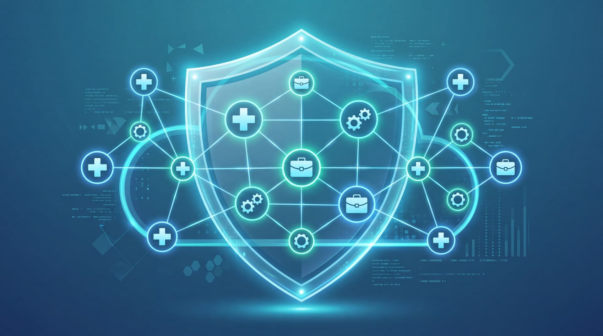 Abstract representation of a secure cloud network connecting healthcare, manufacturing, and business icons within a digital shield.