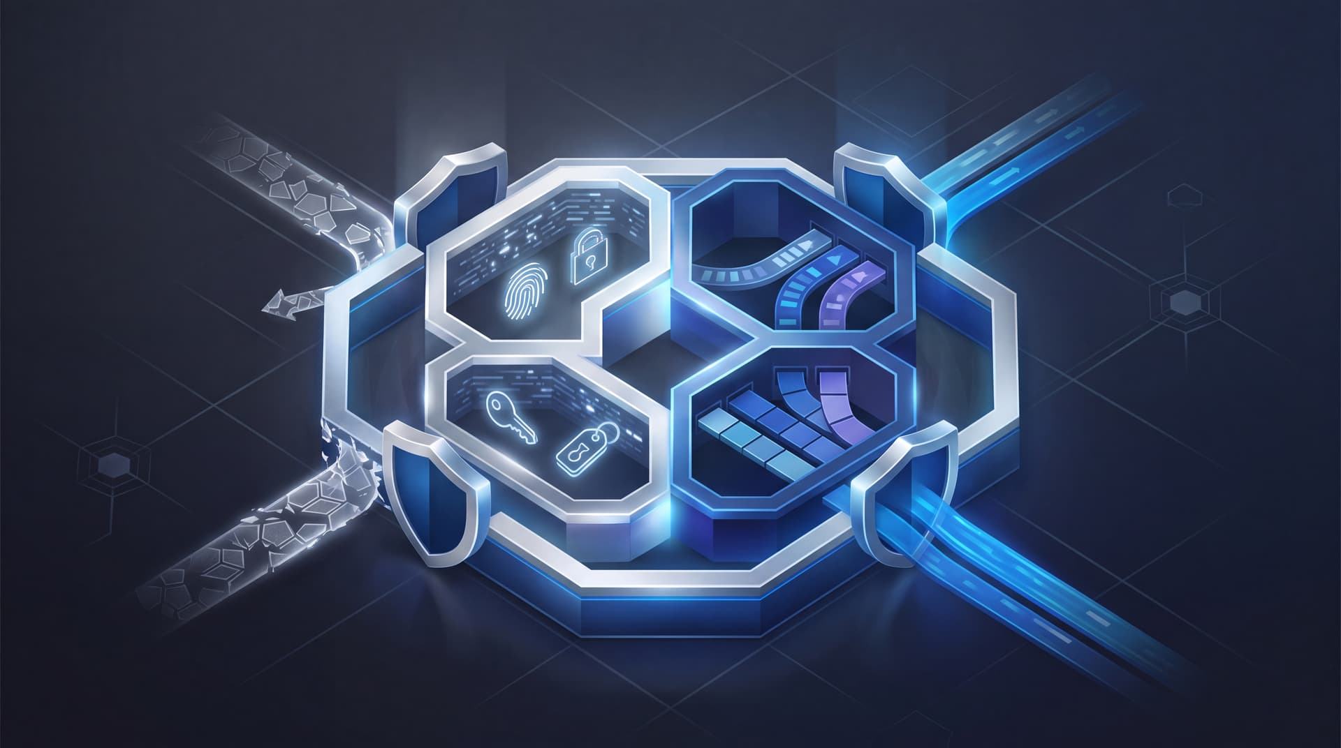 Abstract 3D rendering of glowing blue shields and data streams representing secure cloud architecture.