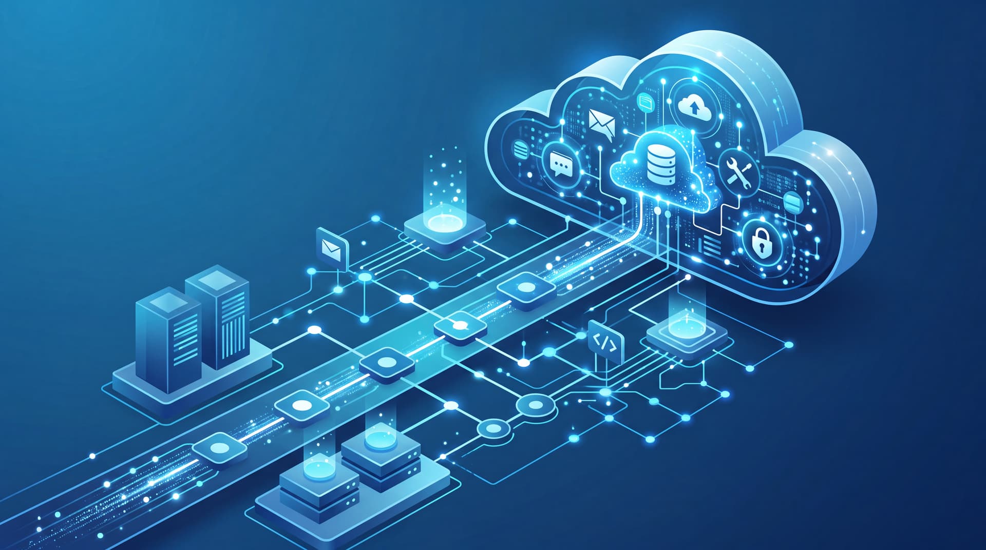 Abstract illustration of cloud connectivity and network nodes in professional blue tones.