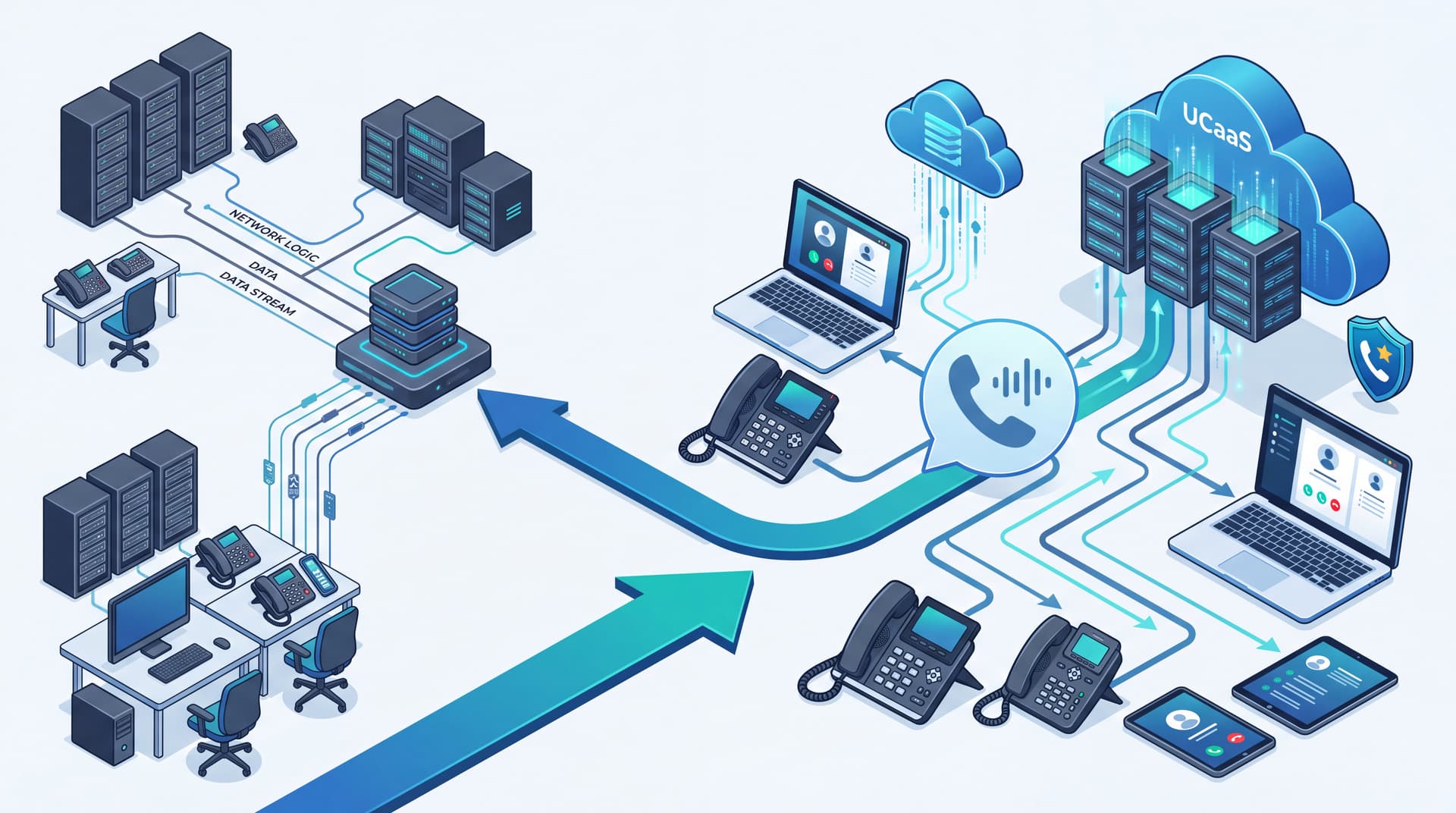 Conceptual diagram showing hybrid voice architecture connecting cloud telephony, desk phones, and collaboration software.