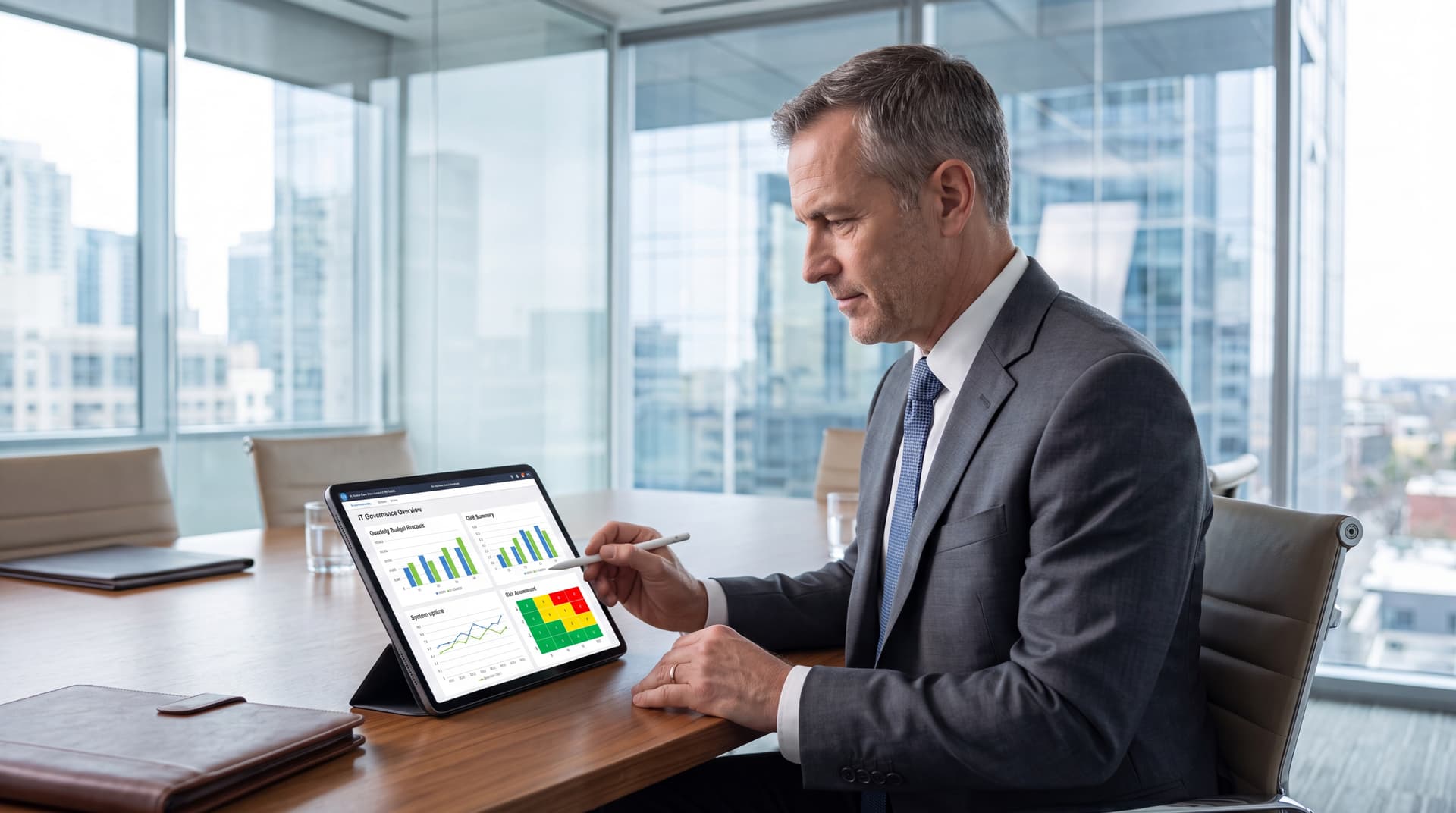 Business executive reviewing an IT scorecard and risk matrix on a tablet.