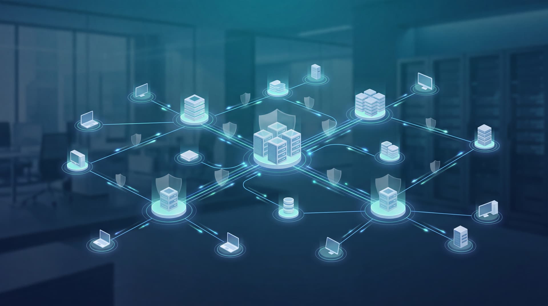Abstract visualization of secure cloud data backup and resilient business infrastructure.