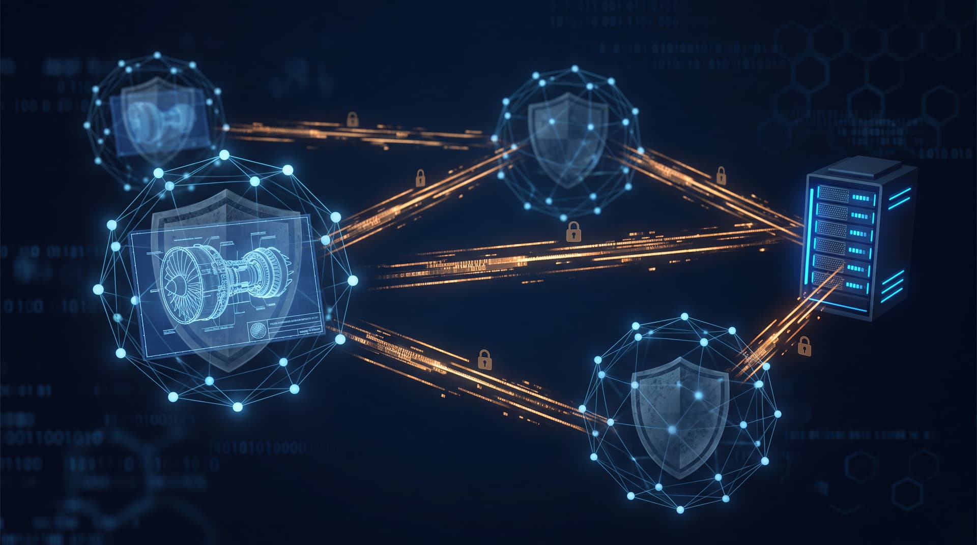 Abstract visualization of secure data enclaves and encrypted supply chain networks for defense IT.