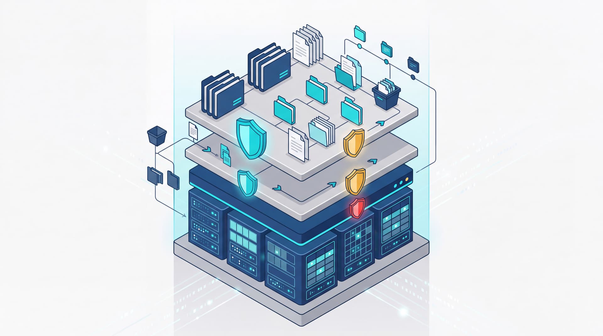 Isometric vector illustration showing clean, organized data layers and governance structures.
