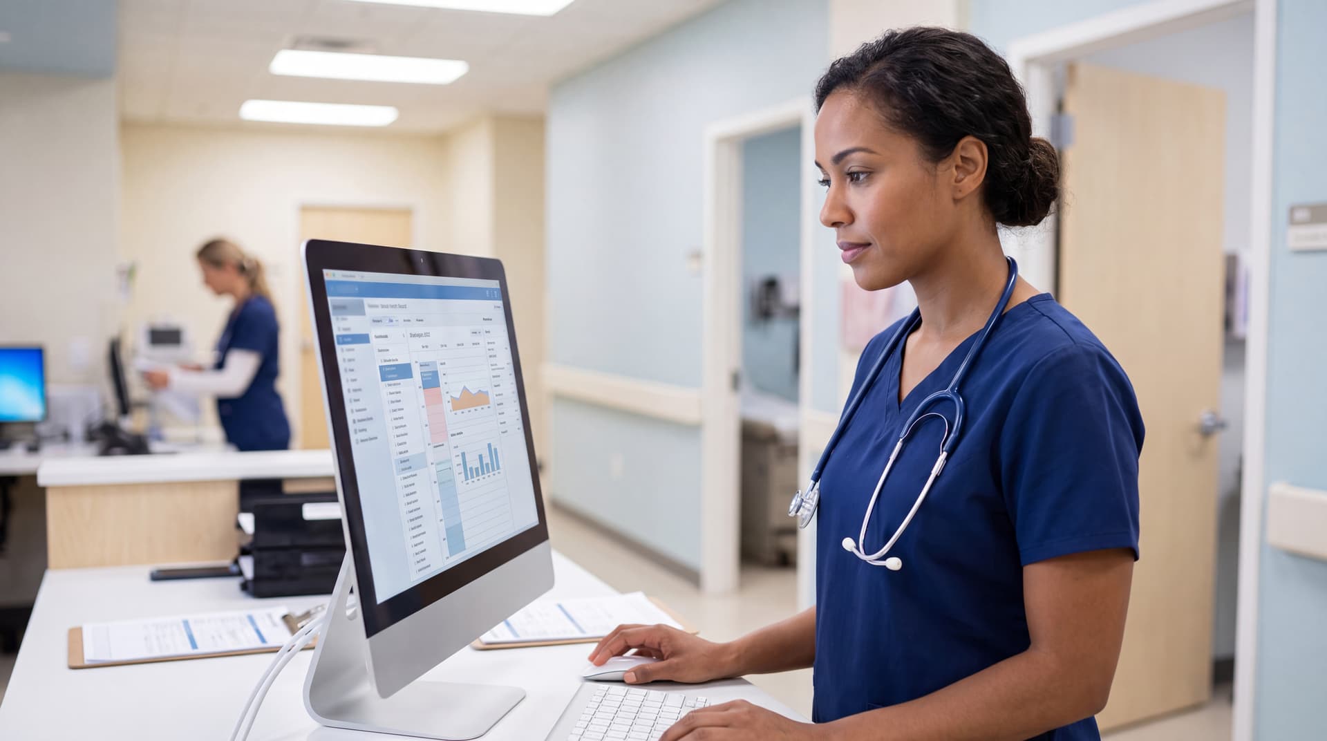 A healthcare professional in scrubs reviewing data on a secure computer monitor at a modern clinic nurse's station.