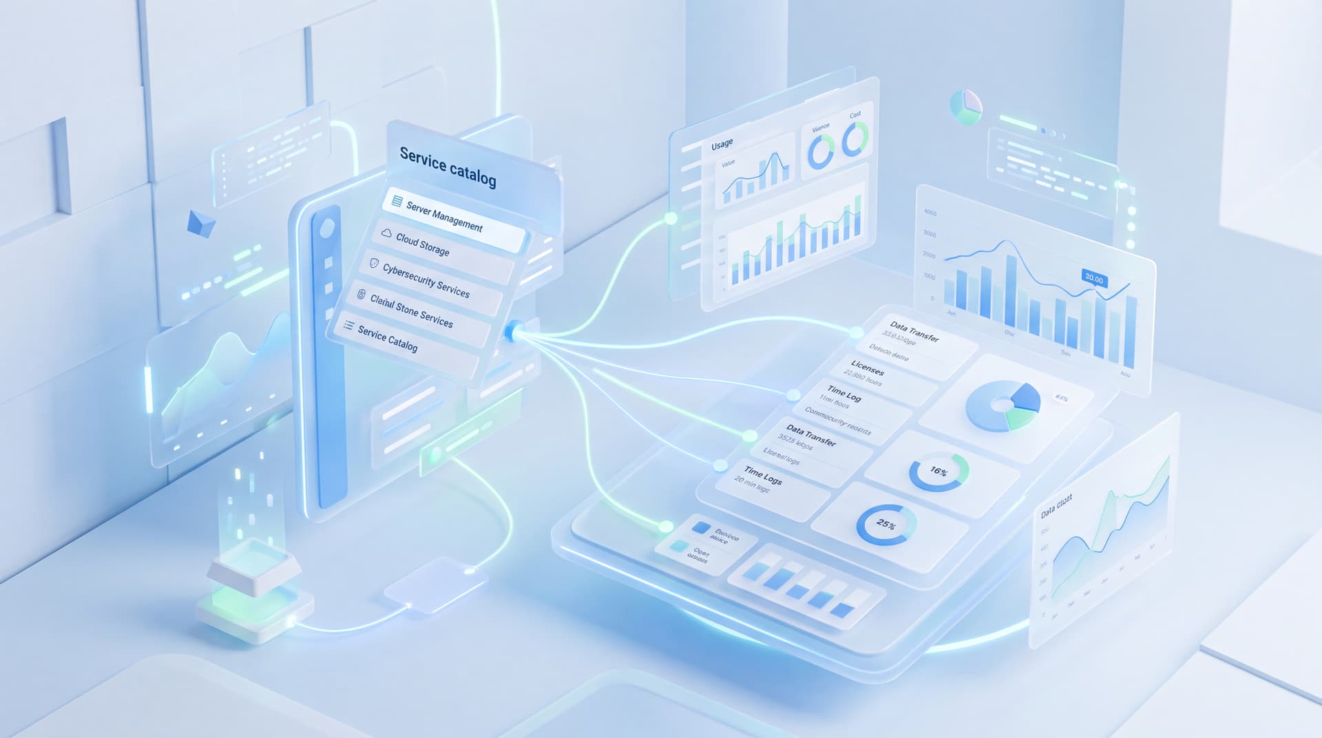Abstract digital representation of a transparent billing dashboard showing usage metrics and service alignment.