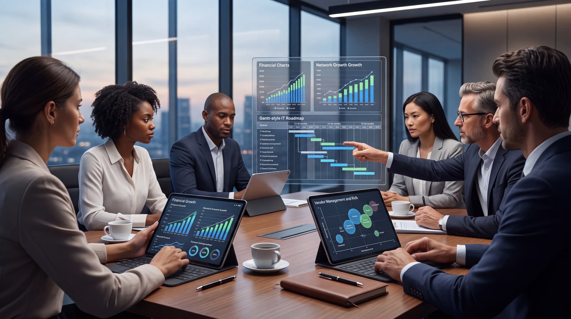 Executive leadership team reviewing a multi-year technology roadmap and vendor management strategy in a modern conference room.