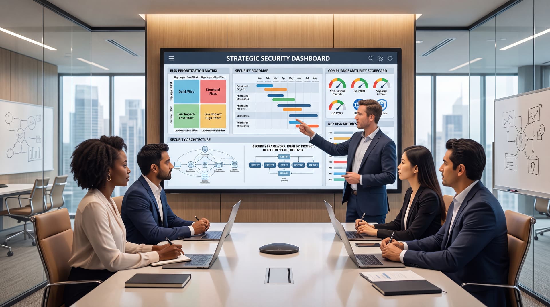 Security consultants reviewing a risk roadmap and framework visuals in a workshop setting.