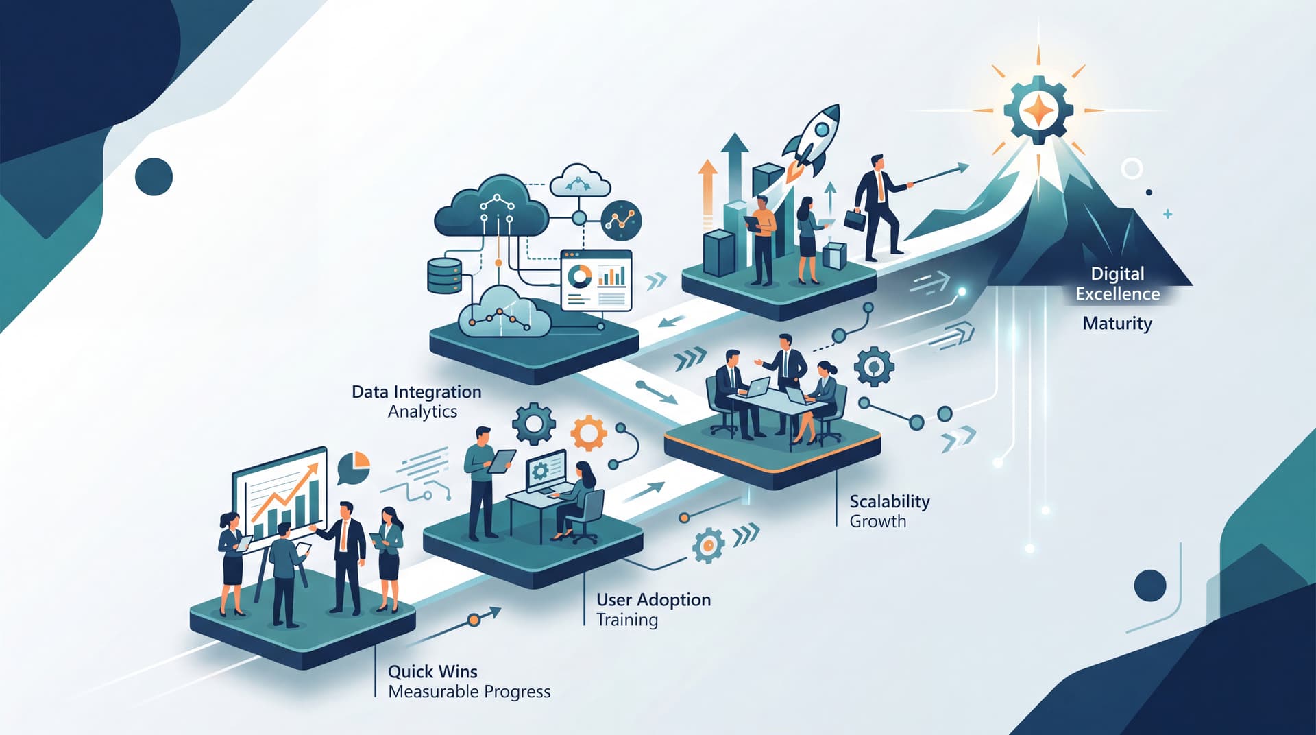 Modern vector illustration depicting a phased business transformation path with digital milestone indicators.