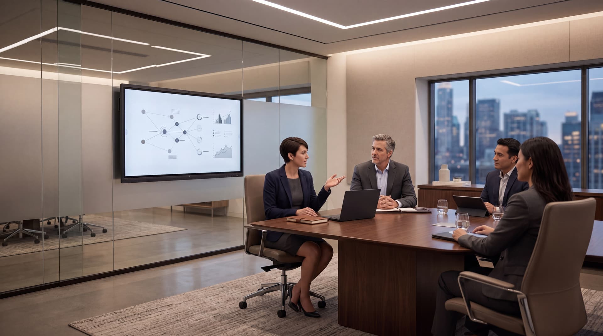 Executive leadership team holding a strategic technology alignment session in a modern corporate boardroom.