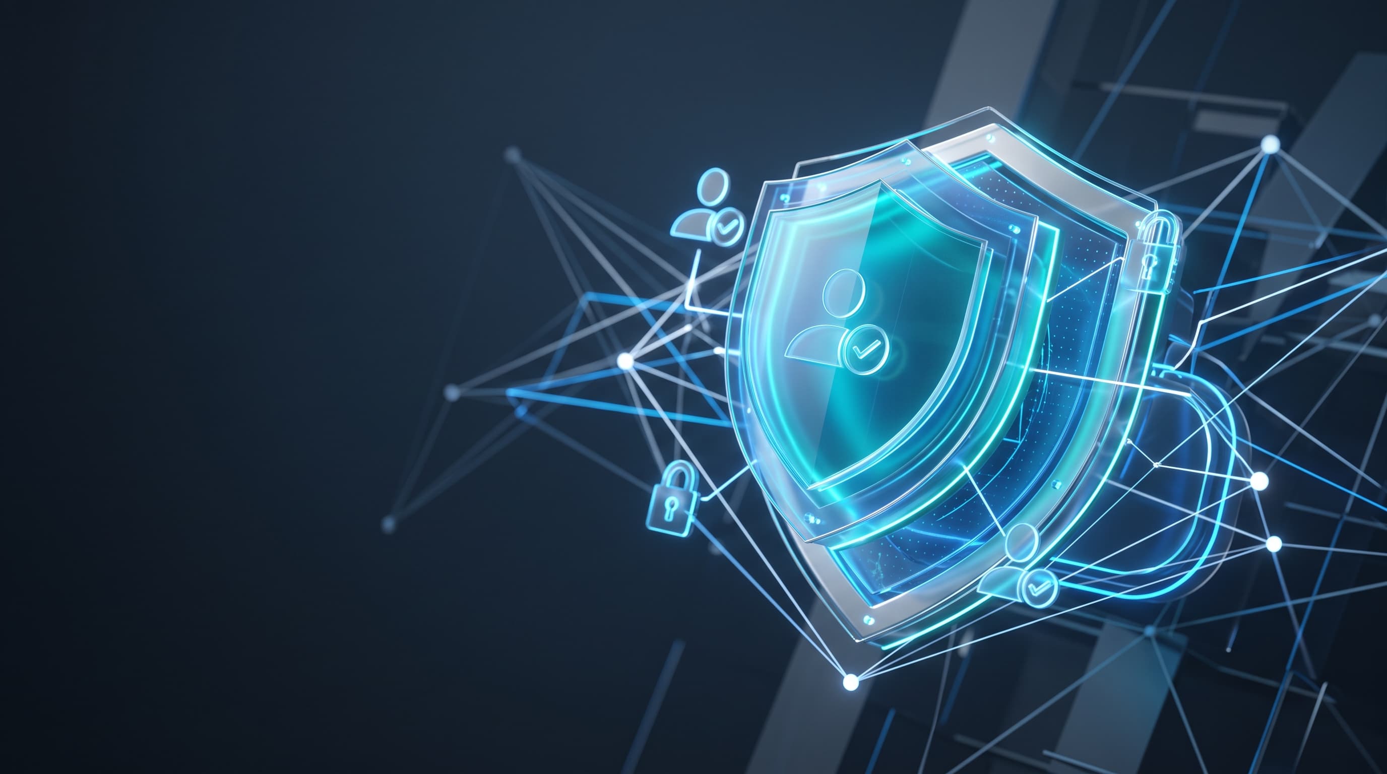 Abstract digital concept of cloud security with luminous blue shields and network nodes.