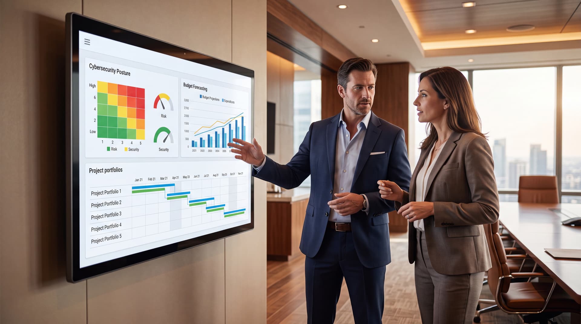 Executive reviewing an IT governance scorecard display with a virtual CIO during a quarterly strategy meeting.