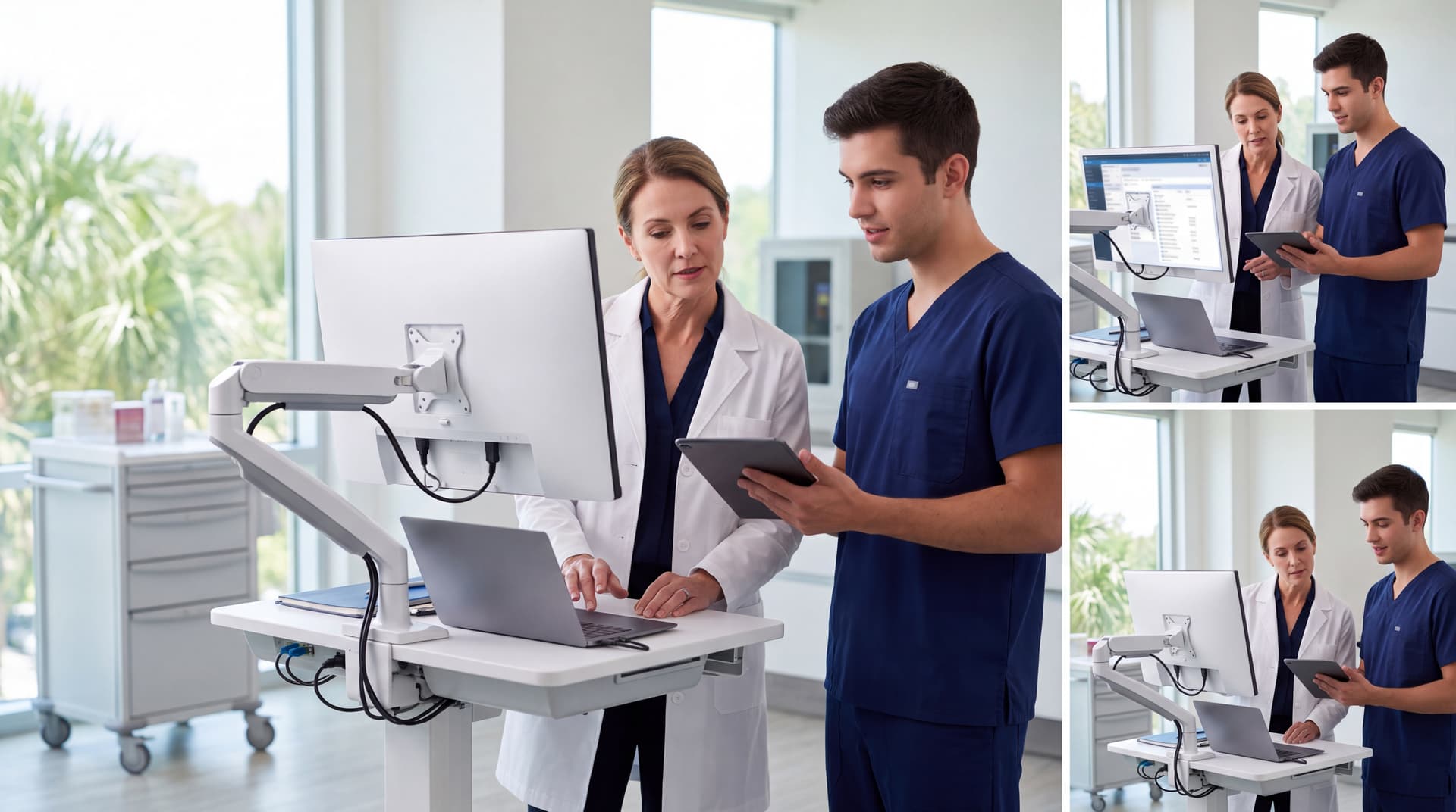 Modern healthcare clinical workstation with secure EHR software in a professional medical office setting.