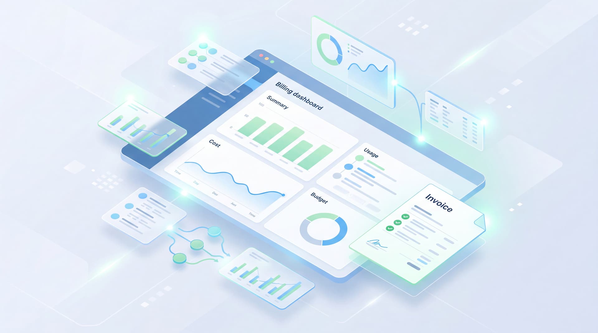 A modern digital billing dashboard displaying transparent usage metrics and financial charts.