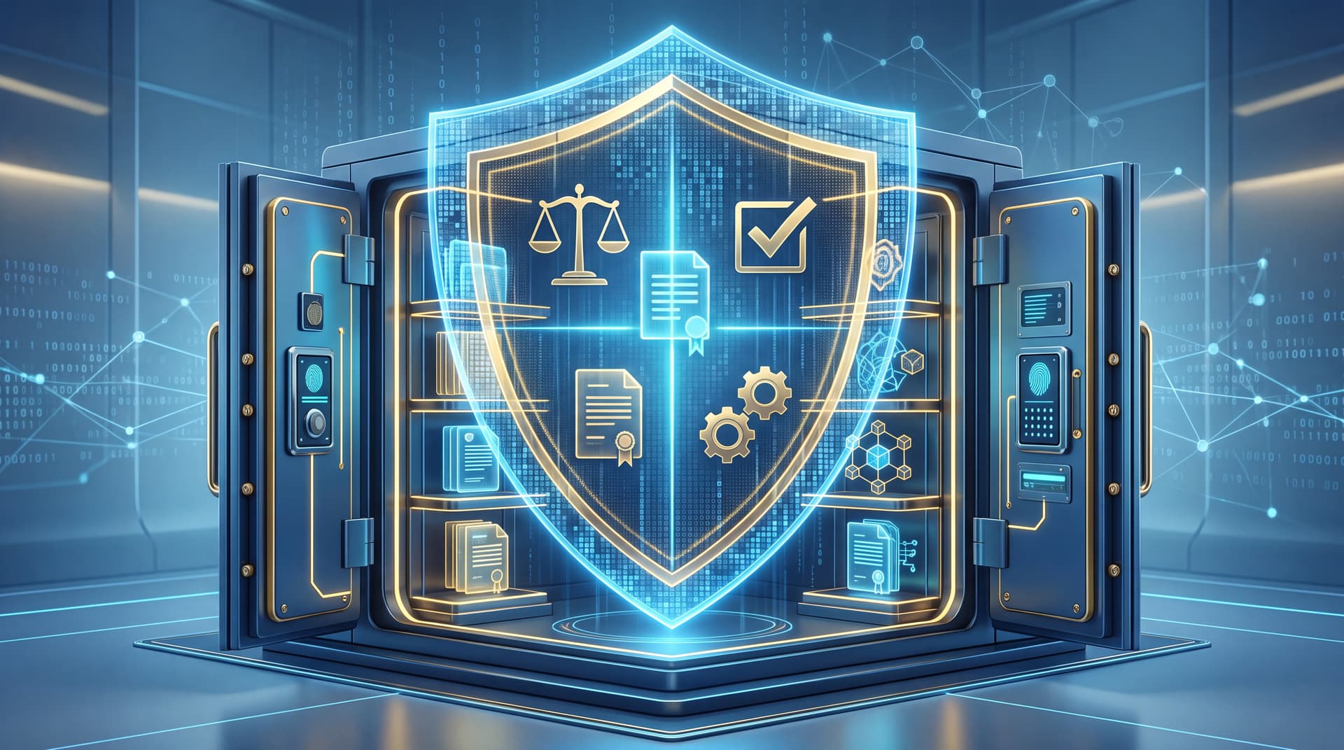 A digital shield protecting a secure document vault, illustrating governance and compliance.
