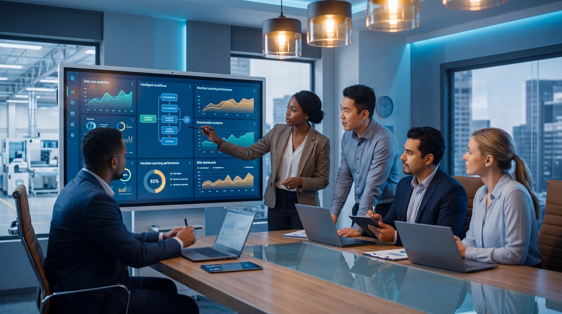 Professionals analyzing digital automation data on a high-tech display in a modern boardroom.