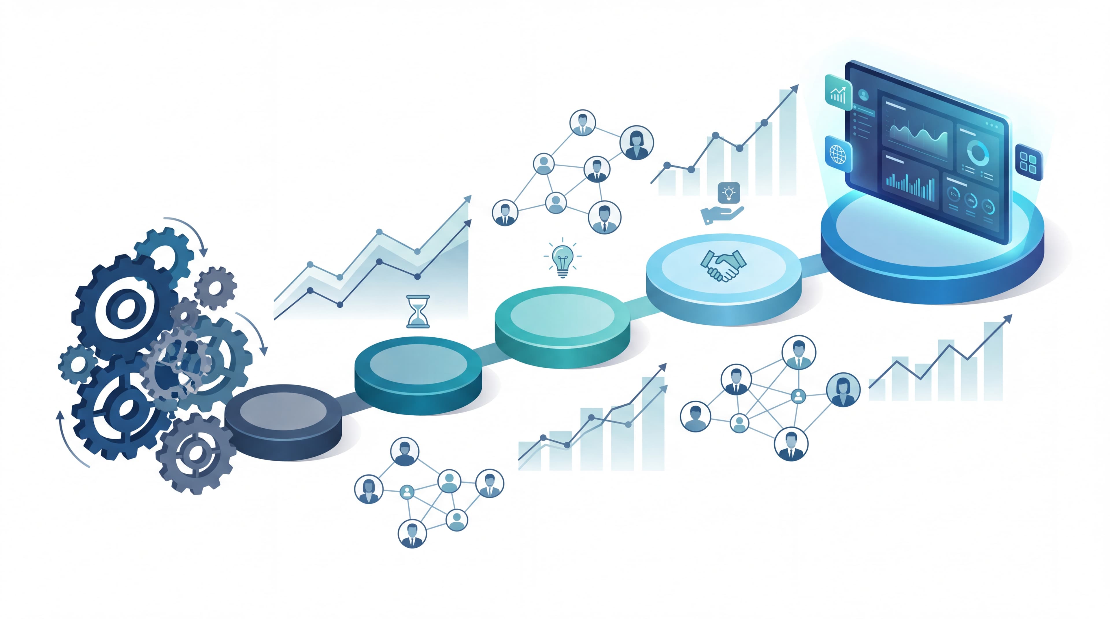 An illustration representing a business transformation journey with stepping stones leading toward digital maturity.