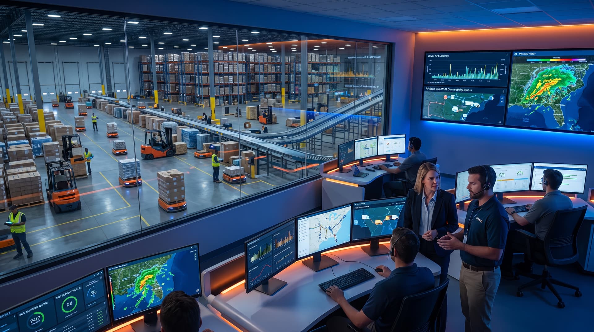 A modern logistics control center with monitoring screens overseeing warehouse throughput and inventory status.