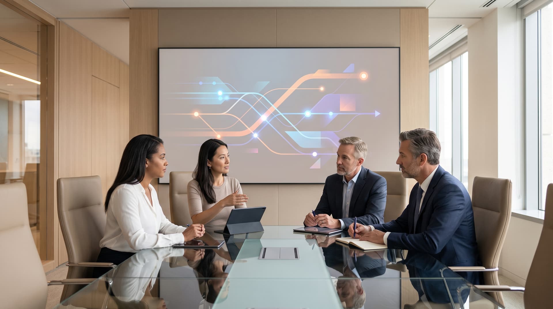 Executive board meeting setting with strategic technology planning materials on screen
