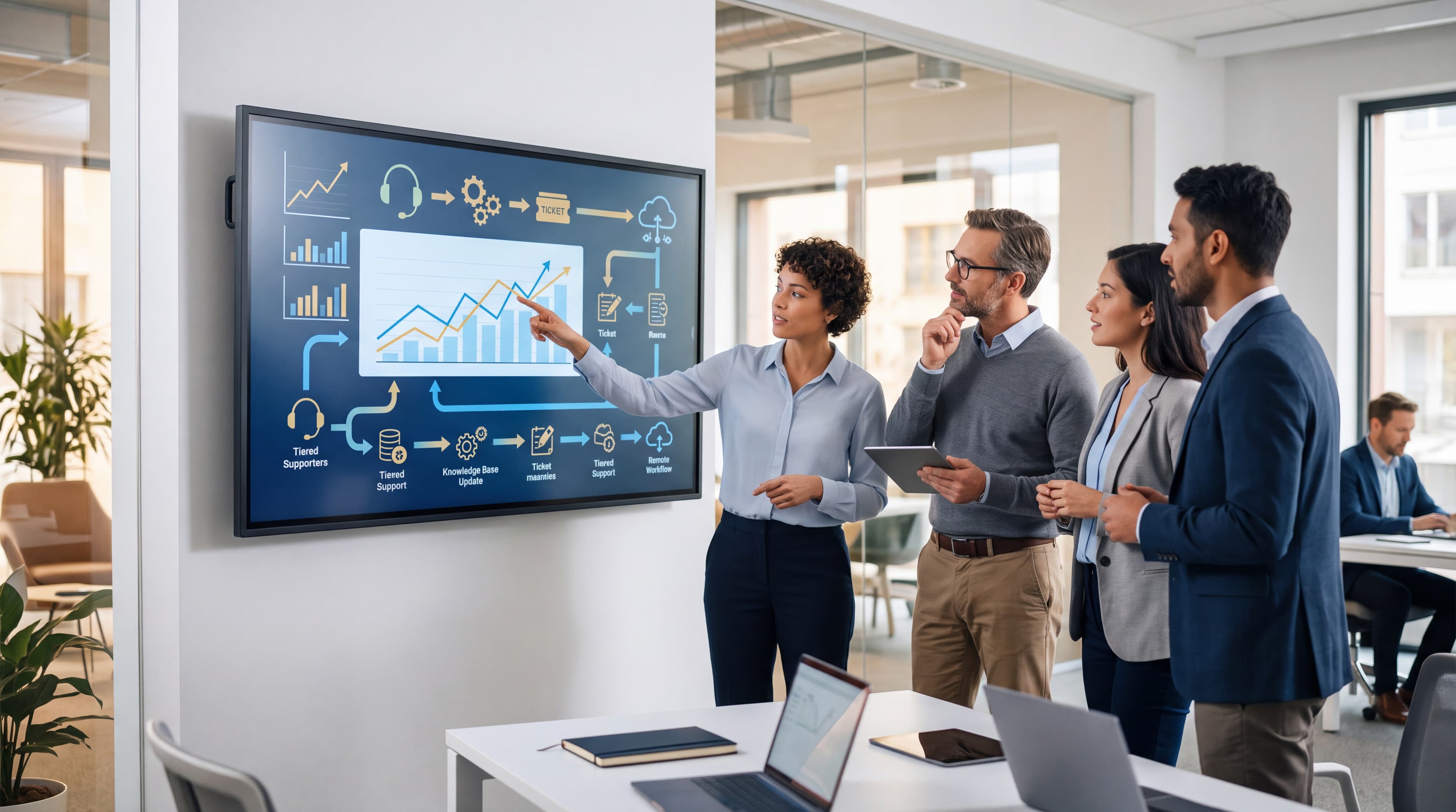 A collaborative IT support team reviewing service desk metrics and tier escalation workflows on a digital screen in a bright office.