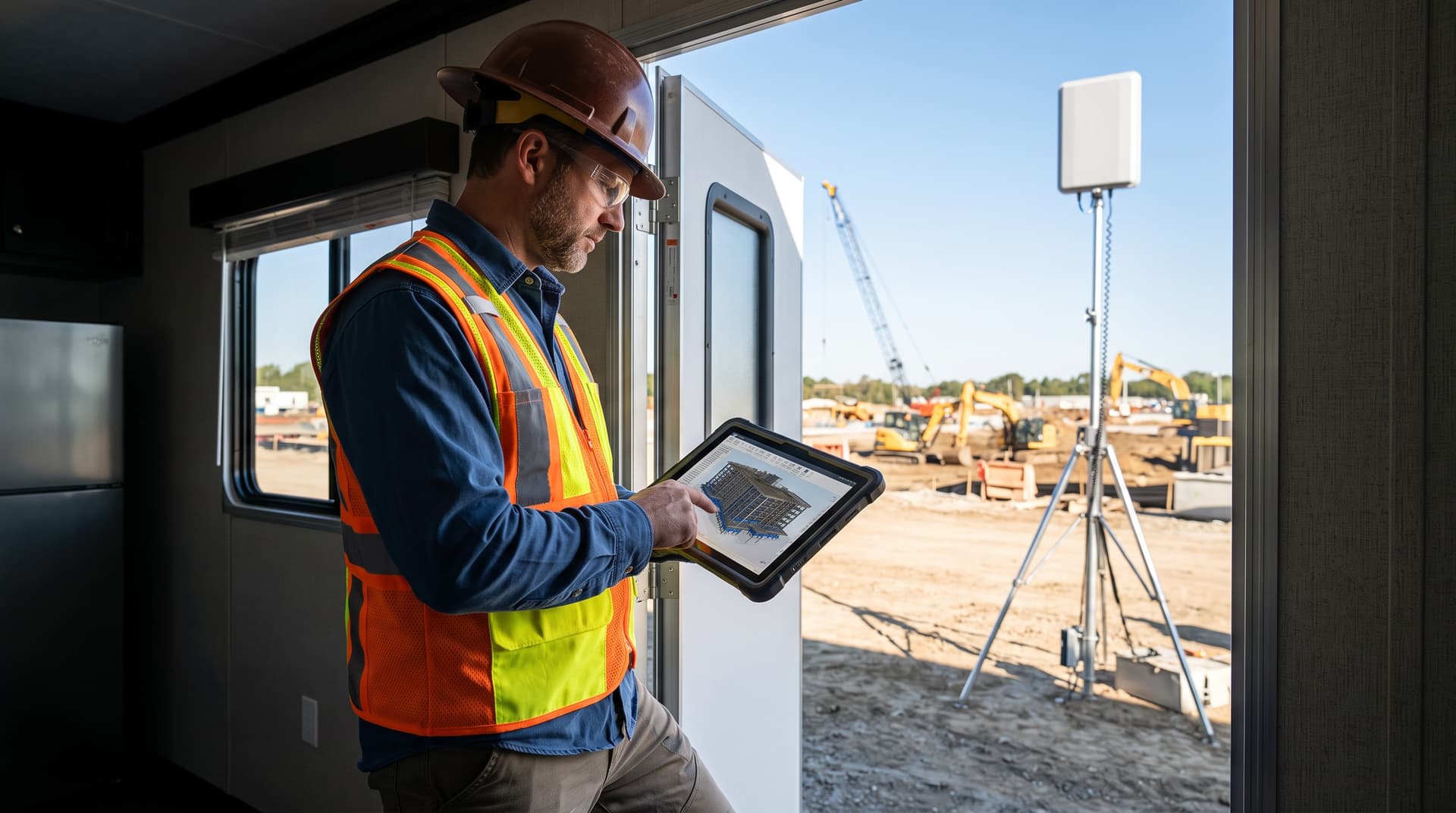 A construction project manager on a jobsite holding a ruggedized tablet displaying a 3D BIM model next to field networking hardware.