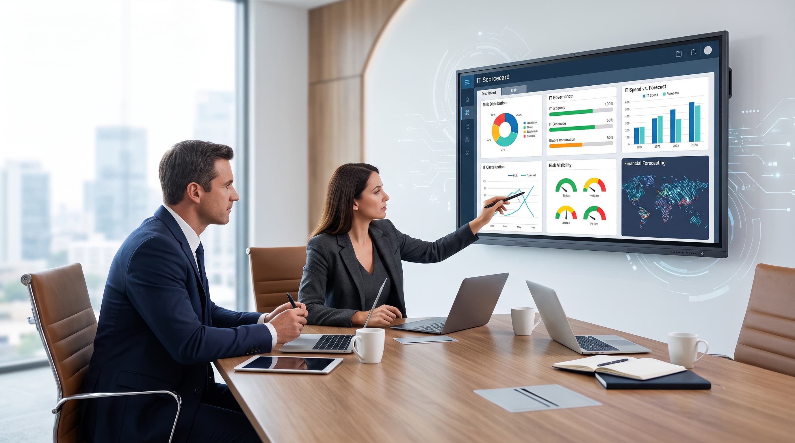An executive team reviewing an IT governance scorecard and quarterly strategy metrics during a business review.
