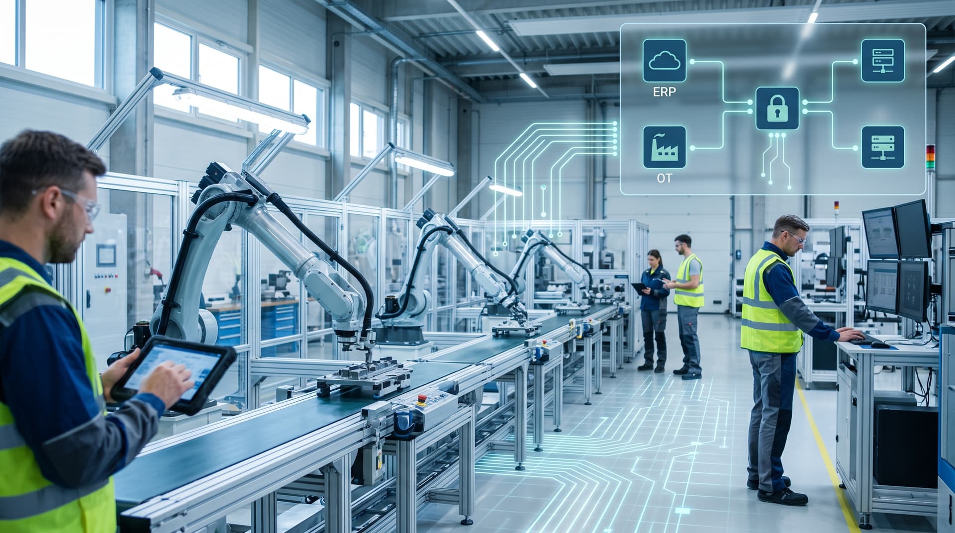 Modern automated manufacturing floor showing secure network architecture nodes and industrial data integration overlay.