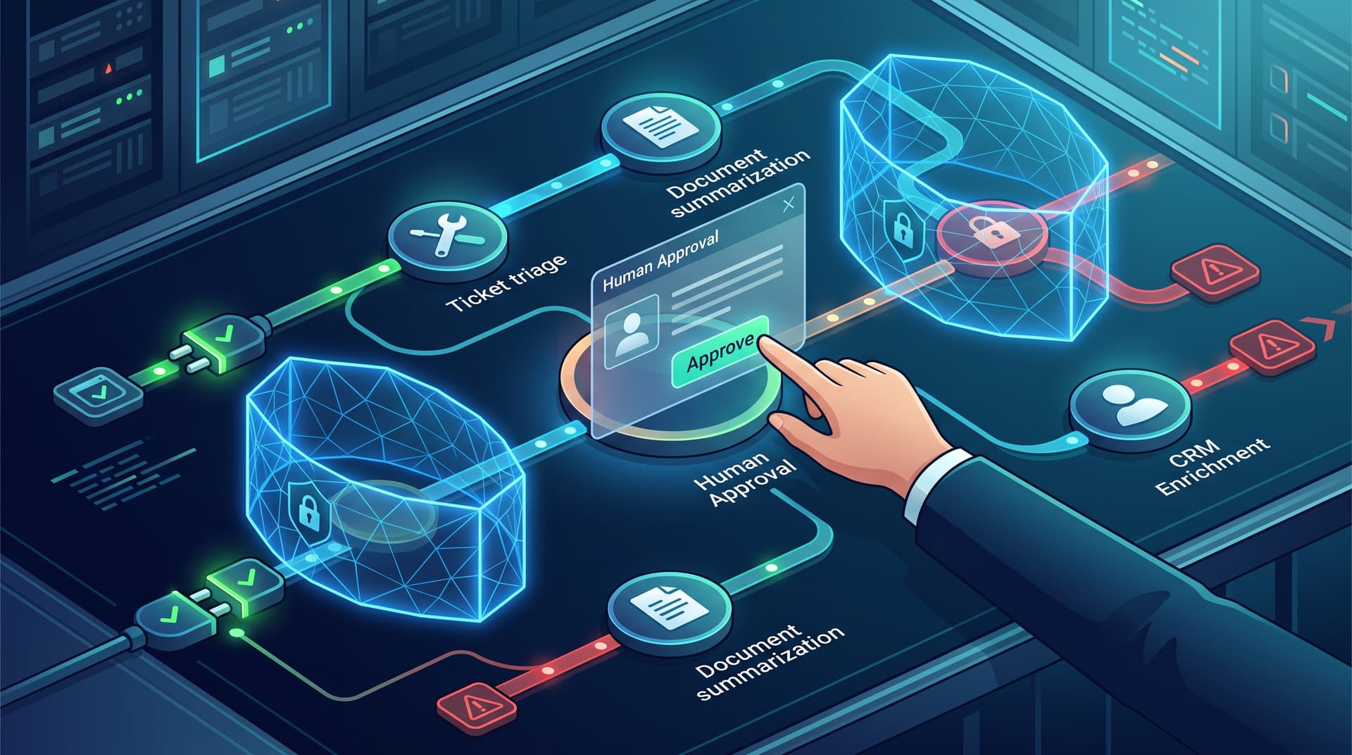 Visual representation of governed AI workflow automation featuring human approval gates and secure API connector status nodes.