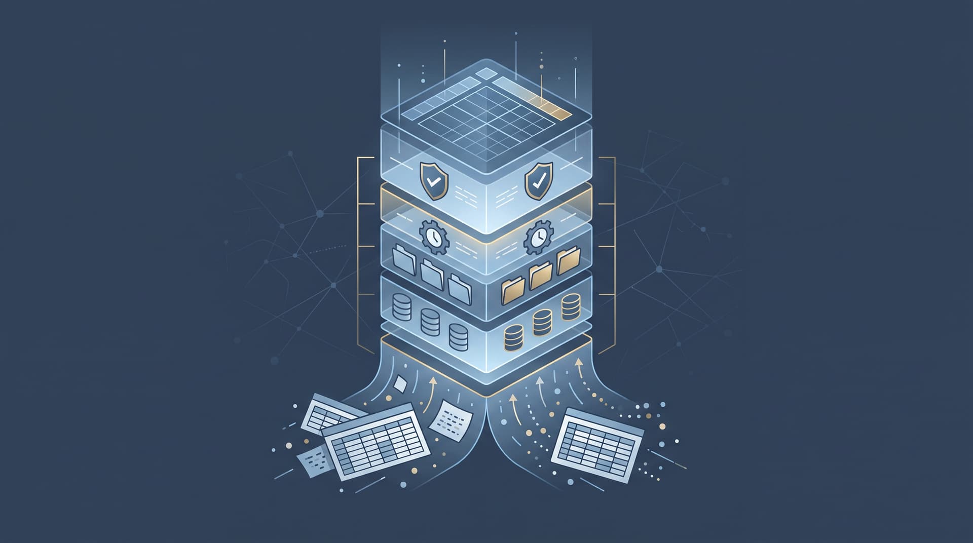 Abstract illustration of layered digital files and structured grids forming an organized system.