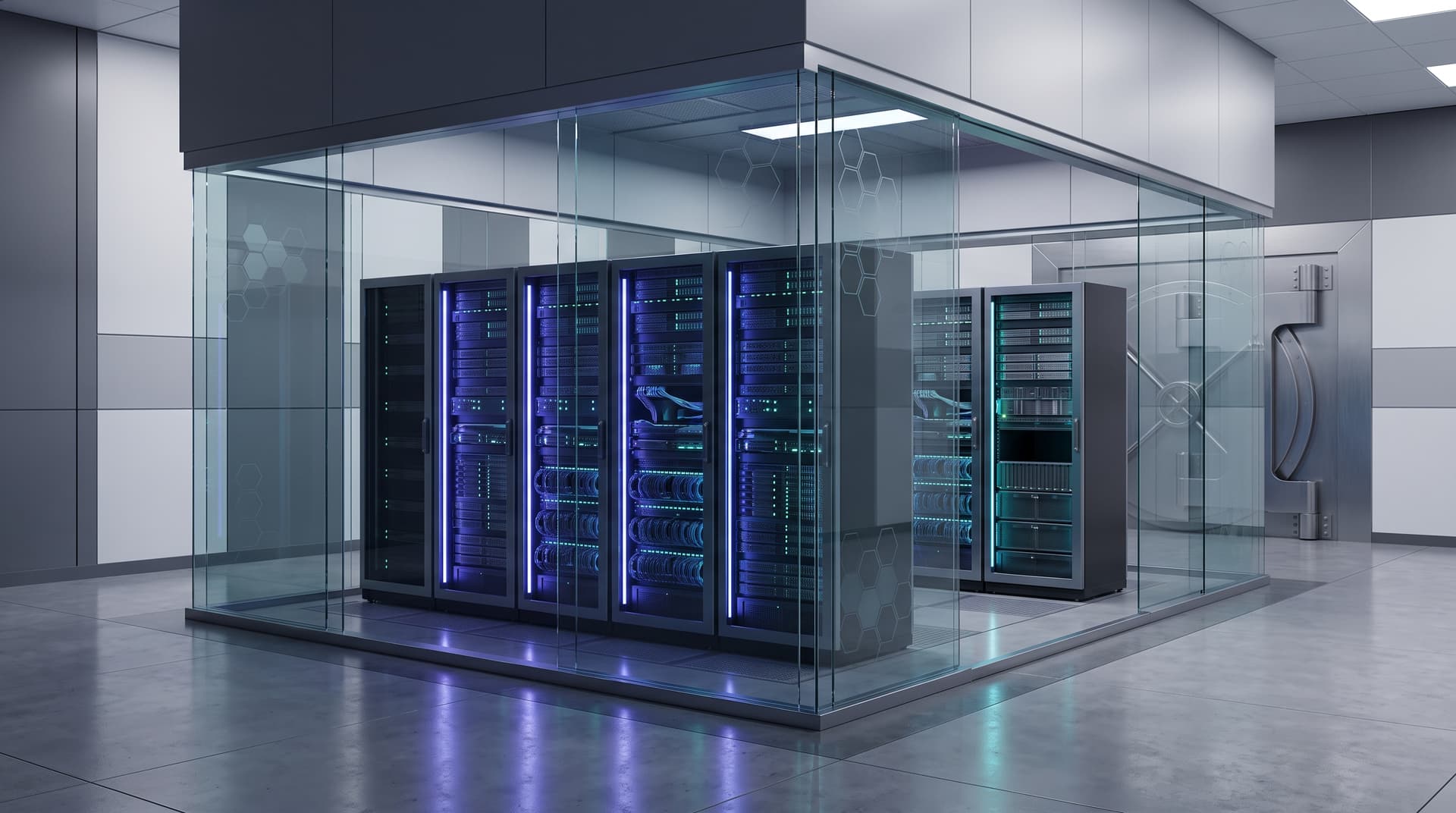 Conceptual visualization of an immutable data vault with multi-layered protective shields surrounding server infrastructure.
