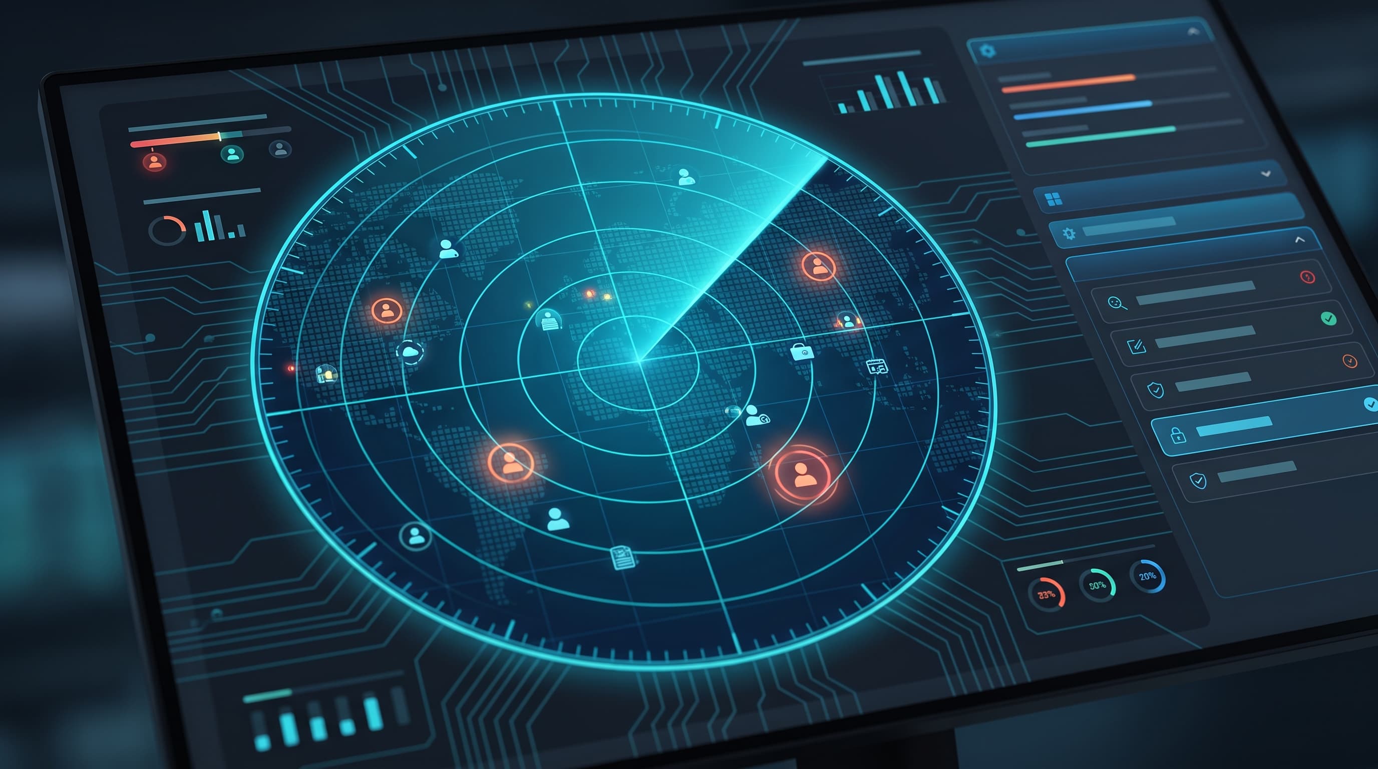 Digital radar screen scanning credential data streams and highlighting security exposures in blue.