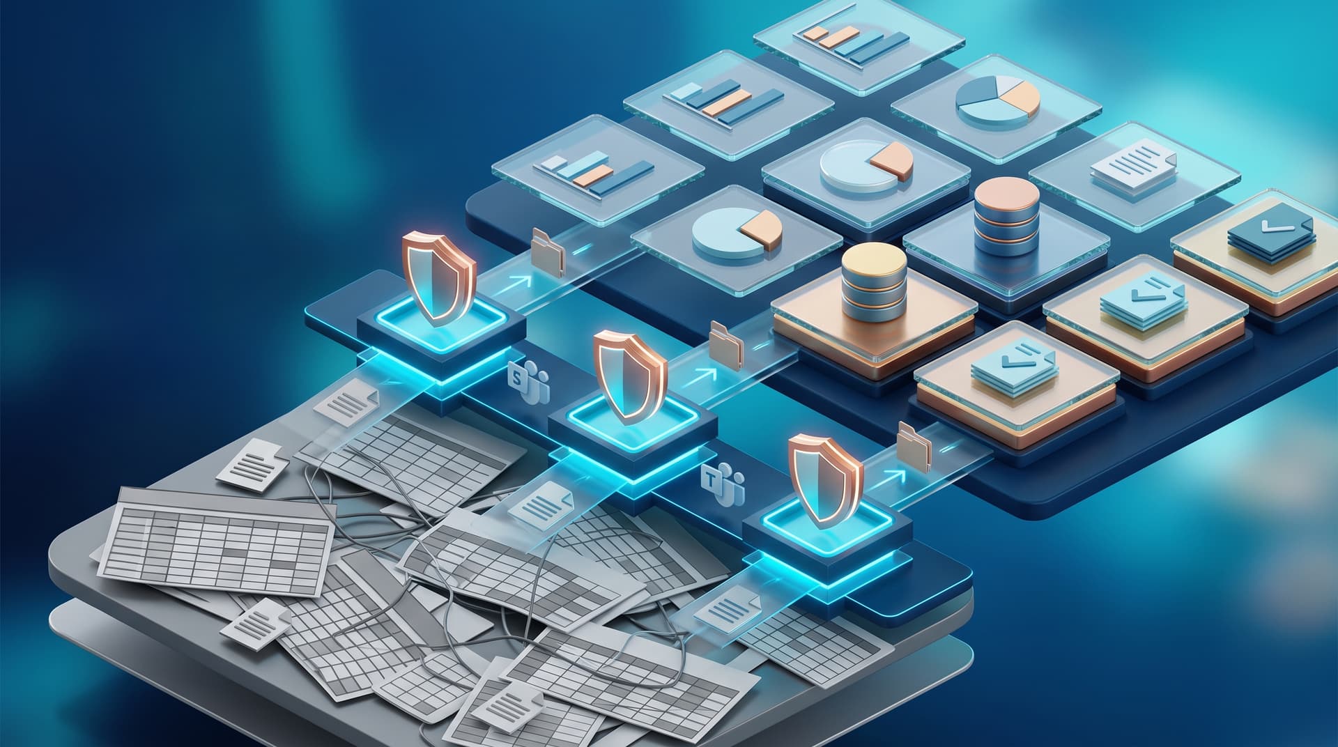 Conceptual 3D illustration showing structured data layers, security shields, and organized financial document workflows.