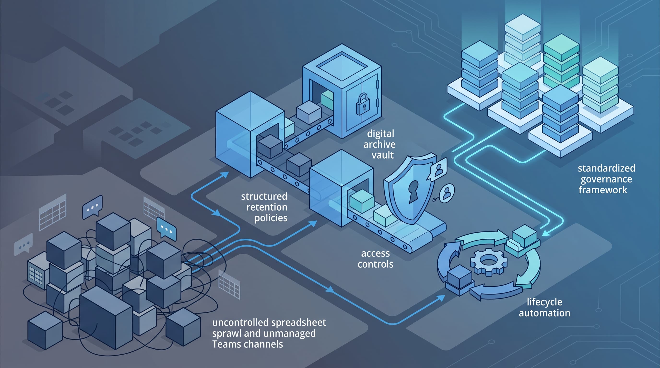 Isometric illustration of organized corporate data layers and structured digital filing workflows.