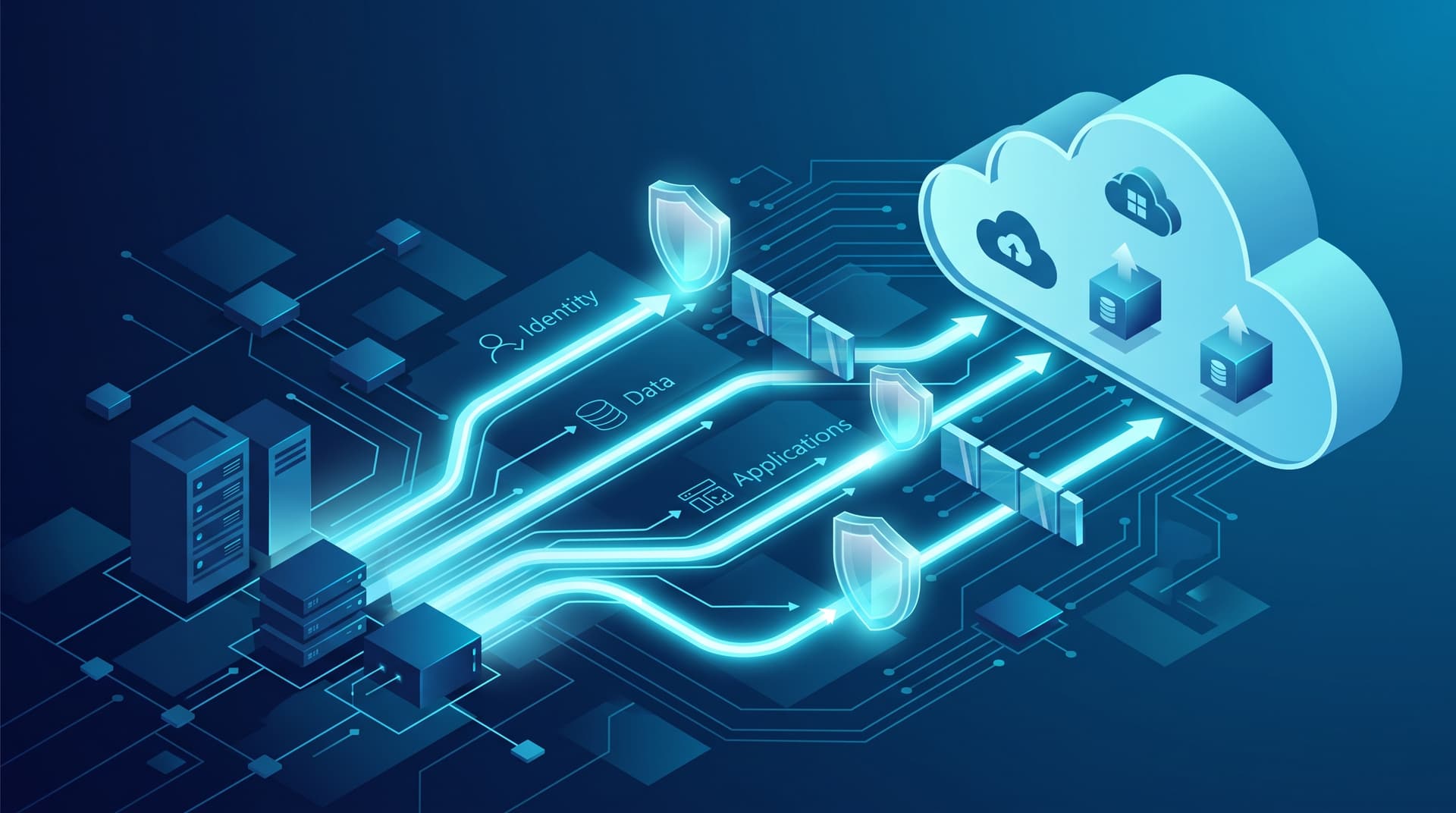 Abstract blue cloud infrastructure and network connectivity visualization