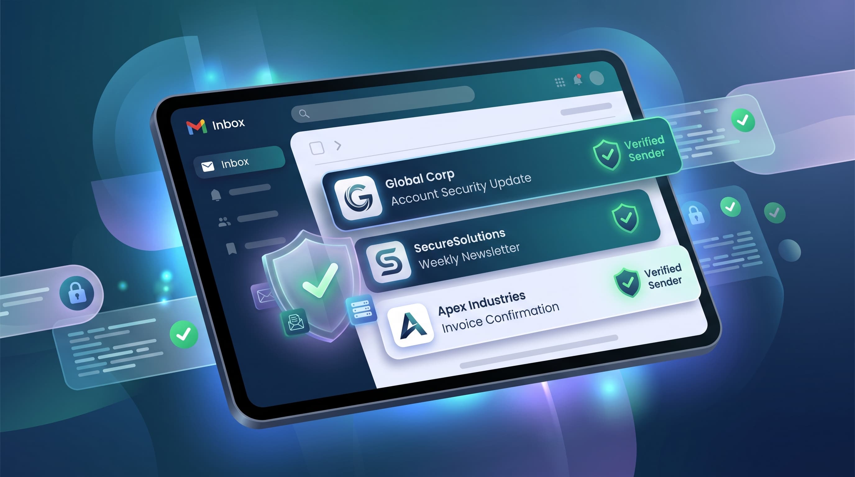Email inbox interface displaying verified brand logos and security indicators next to sender names.
