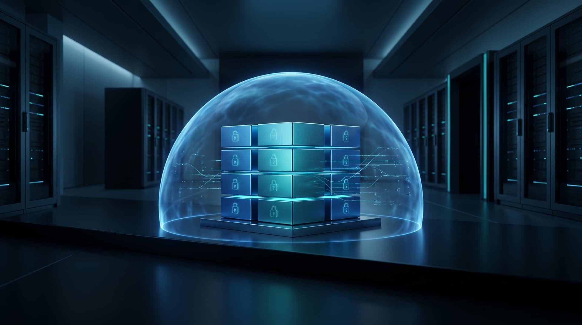 A calm, technical concept illustration of a secure data vault featuring glowing immutable storage modules.