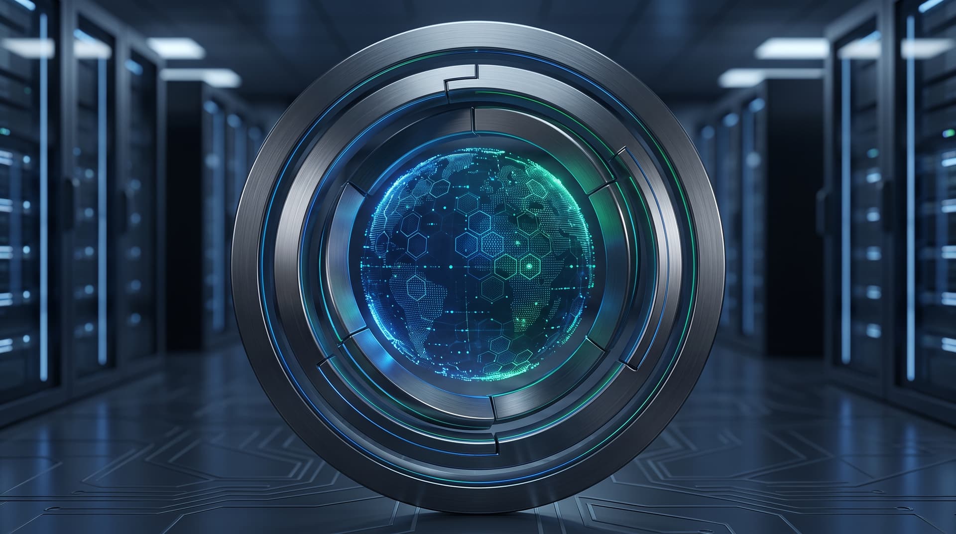 Abstract representation of secure immutable data storage protected by concentric digital security layers.