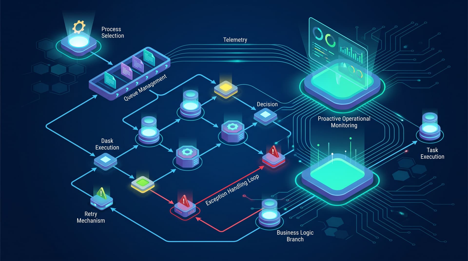Technical automation flow diagram showing reliable RPA bot execution, exception handling branches, and system monitoring.