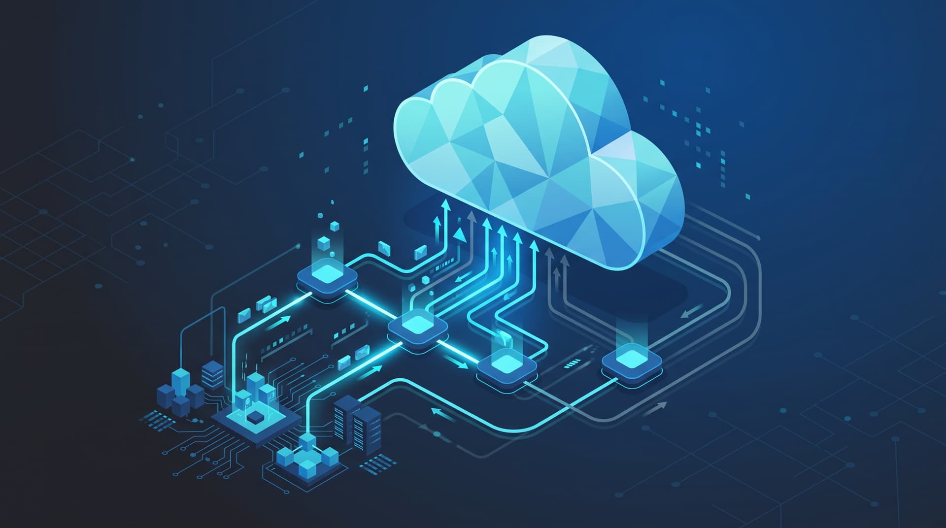 Abstract blue vector graphics representing structured cloud migration network connections